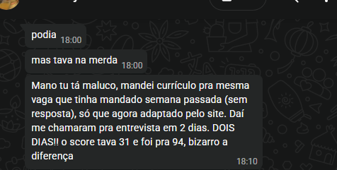 Mensagem de usuário relatando convite para entrevista após adaptar o currículo para a mesma vaga