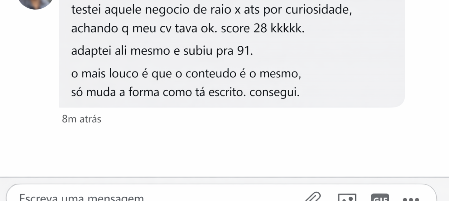 Mensagem de usuário mostrando evolução do diagnóstico ATS após reescrever o currículo