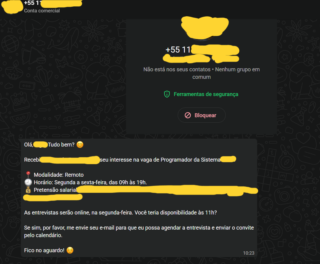 Mensagem de recrutador convidando uma pessoa para entrevista online