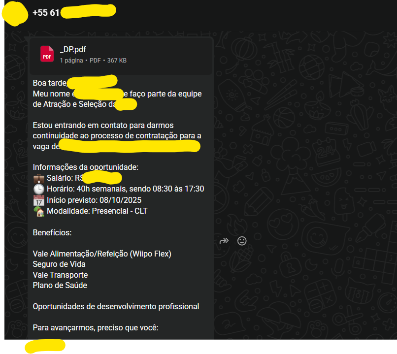 Mensagem de recrutamento dando continuidade a um processo de contratação
