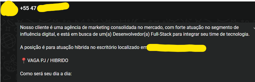 Mensagem de recrutador descrevendo uma vaga Full-Stack híbrida